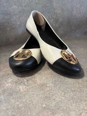 Tory Burch Black and White Two-Tone Ballet Flats with Gold Logo